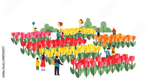People enjoying a vibrant tulip field with colorful flowers and balloons