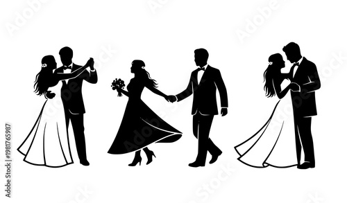 Minimal wedding couple dancing silhouettes banner bride groom love black vector illustration isolated on white