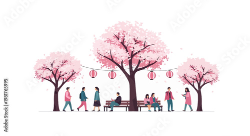 People enjoying spring under blooming cherry blossom trees with lanterns