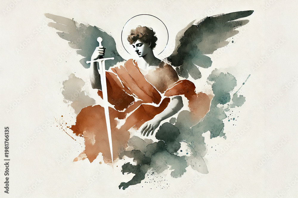 Fototapeta premium Saint Michael the Archangel with sword, minimalist watercolor illustration