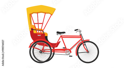 Red and yellow rickshaw isolated on white background, traditional Asian transport