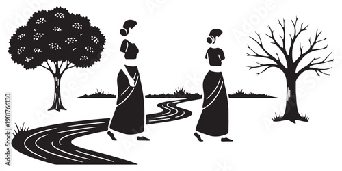 A vintage black vector illustration featuring the silhouettes of a man and woman dancing in a park near a tree, capturing a romantic moment of love and beauty.