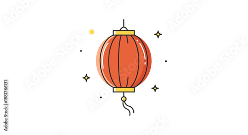 Red Chinese Lantern with Stars and Dots on White Background, Flat Design