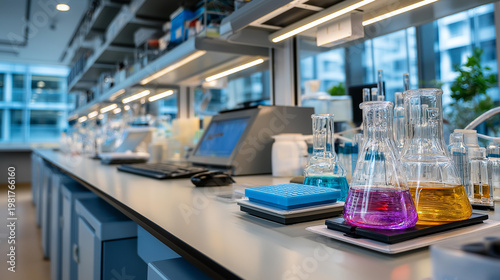 Modern pharmaceutical R&D lab with glassware and automated testing equipment in a cleanroom biotechnology environment