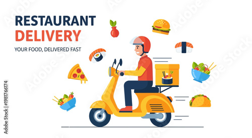 Restaurant Delivery Scooter Rider with Fast Food, Sushi, Pizza, Tacos, Salad