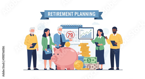 Retirement planning concept with diverse people, piggy bank, money, and calendar