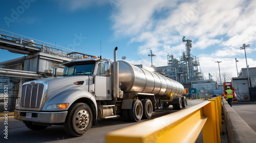 Chemical tanker truck loading at a secure industrial station with hose transfer emphasizing safety