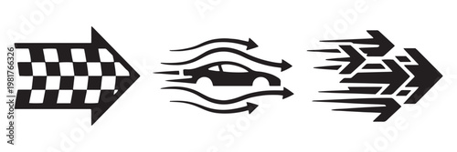 Speed arrow icon set vector, racing direction arrows with motion lines, fast movement and acceleration symbols, dynamic black silhouette collection for performance, navigation and delivery concepts. 