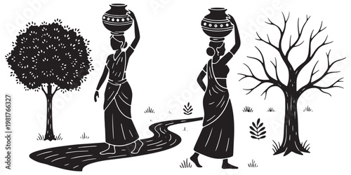 Vector illustration sketch of an old tree designed as a fashion art silhouette of a lady in a beauty dress painting.