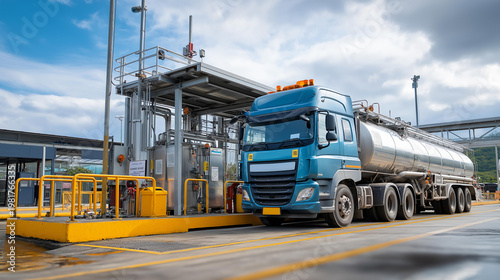 Chemical tanker truck being filled at a secure industrial loading station for transport facility