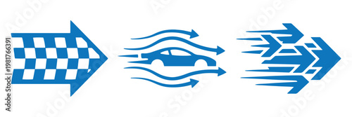 Speed arrow icon set vector, racing direction arrows with motion lines, fast movement and acceleration symbols, dynamic black silhouette collection for performance, navigation and delivery concepts. 