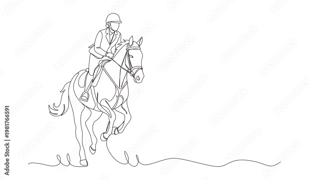 Obraz premium Horse rider equestrian sport line art drawing minimal riding illustration black linear sketch isolated on white background.
