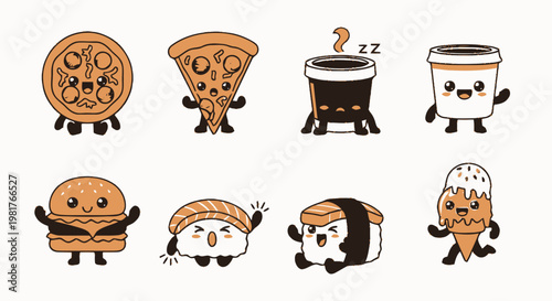 Cute Cartoon Food Characters - Pizza, Coffee, Burger, Sushi, Ice Cream.
