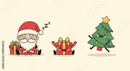 Cute Cartoon Santa Claus Sleeping with Christmas Gifts and Tree.