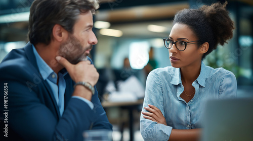 Tense standoff between manager and employee in office during a difficult workplace discussion conveying confrontation and disagreement