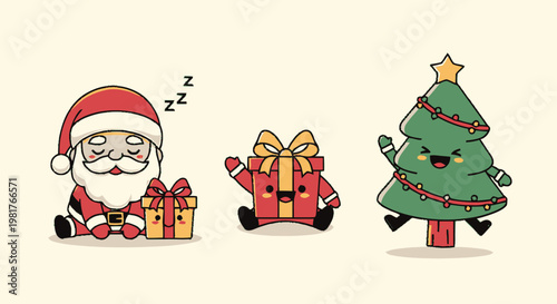 Cute Cartoon Santa Claus, Gift Box, and Christmas Tree Characters.
