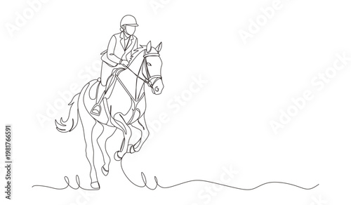 Horse rider equestrian sport line art drawing minimal riding illustration black linear sketch isolated on white background.