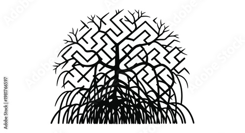 Tree roots forming an intricate maze structure illustrate the complex biological pathways and interconnected nature of forest ecosystems within a minimalist black and white graphic design concept.