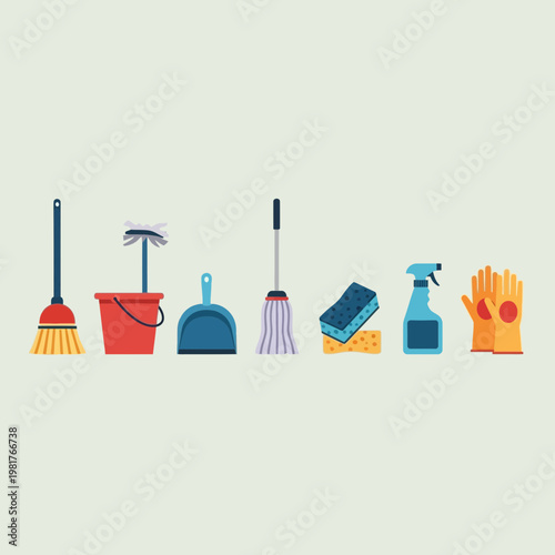 Cleaning supplies and tools line up.