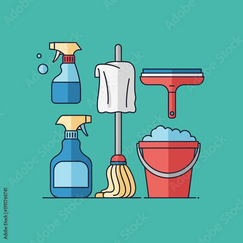 Cleaning supplies and tools on display.