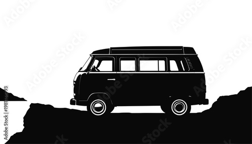 Vintage Camper Van Silhouette Logo Design – Road Trip Travel Vehicle Illustration for Adventure Tourism, Vanlife Branding, Outdoor Journey Emblem