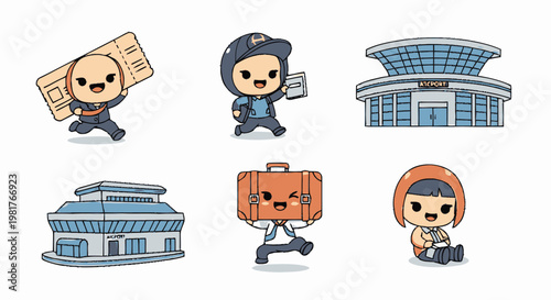 Cute Cartoon Characters Representing Travel and Transportation Concepts.