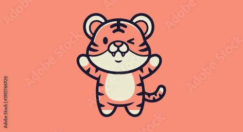 Cute cartoon tiger character winking and waving its arms with joy.