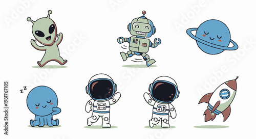 Cute Cartoon Space Characters Including Alien, Robot, Astronauts, and Rocket.