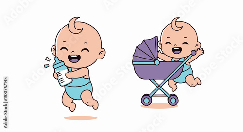 Happy Baby Laughing and Playing with Bottle and Stroller.