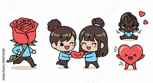 Cute Cartoon Characters Sharing Love and Friendship in Delightful Illustration.