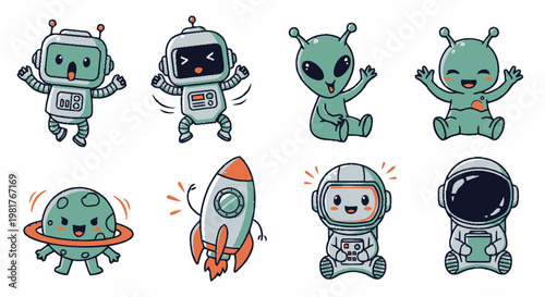 Cute Cartoon Characters - Robots, Aliens, Rocket, and Astronauts in Playful Designs.