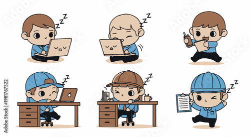 Cute Cartoon Characters Sleeping While Working on Various Tasks.