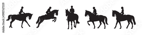 Horseback riding silhouettes, equestrian sport action, people on horses jump fence, jumping, dressage, show jumping.