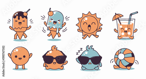 Cute Cartoon Summer Characters - Ice Cream, Sun, Drink, and More.