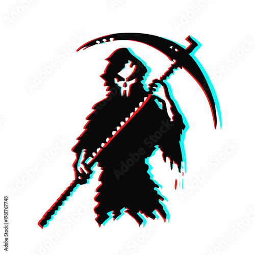Grim reaper silhouette with glitch effect dark horror digital distortion spooky abstract art