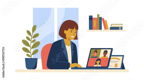 Woman conducting a video conference from her home office desk