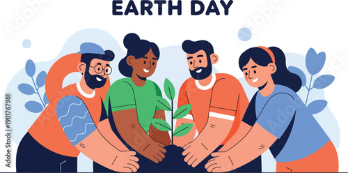 Diverse group of people planting a small tree together to celebrate Earth Day, promoting environmental care and teamwork.