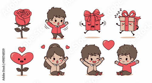 Cute chibi boy and girl characters with hearts.