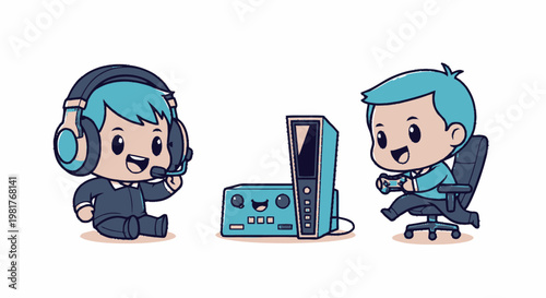 Cute Cartoon Gamers Playing Video Games with Modern Gaming Setup.