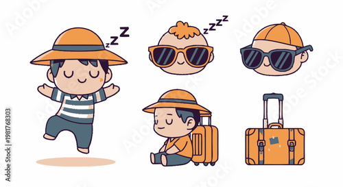 Cute Cartoon Traveler Characters with Hats, Sunglasses, and Luggage.