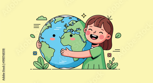 A cheerful cartoon girl with brown hair lovingly embraces a smiling Earth globe, symbolizing environmental care and global harmony with minimalist nature elements.