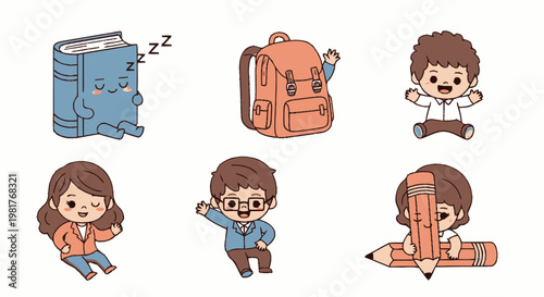 Cute school children cartoon character icon set.