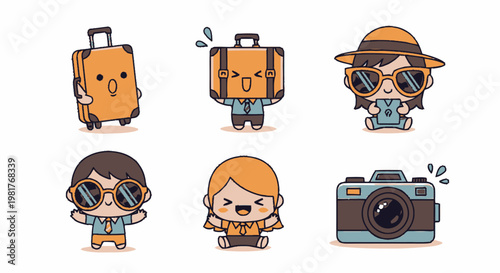 Cute travel and camera cartoon icon set.