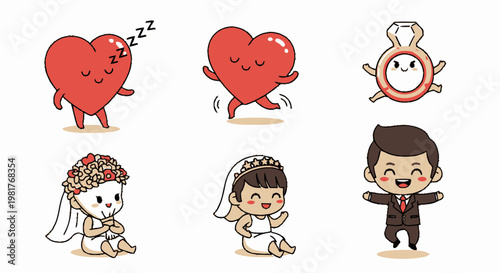 Cute Cartoon Hearts and Wedding Characters in Various Poses.