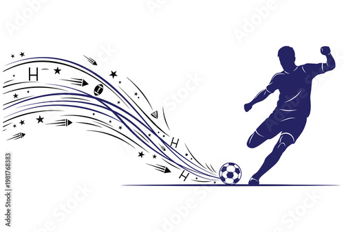 Silhouette of a soccer player kicking a ball with abstract swirling lines and stars in blue.
