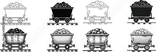 Coal Cart Icon Set, Featuring Different Views and Styles in Minimalist Line Art and Detailed Designs