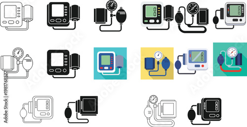 Blood Pressure Monitor Icon Set, Featuring Digital and Analog Styles in Minimalist and Flat Design