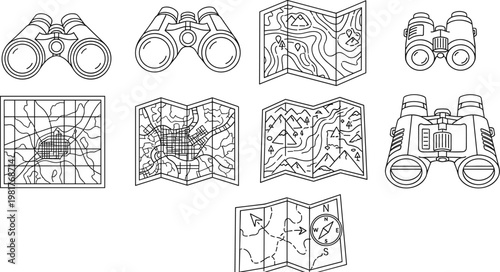 Exploration and Navigation Icon Set, Featuring Binoculars, Maps, and Compass in Minimalist Line Art Style