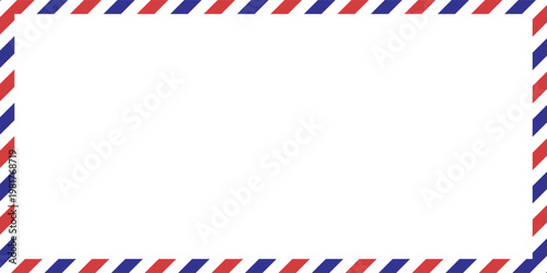 Airmail Envelope frame images with strips. International vintage letter border. Retro air mail postcard with blue and red stripes.  Empty classic postal frame. Vector illustration