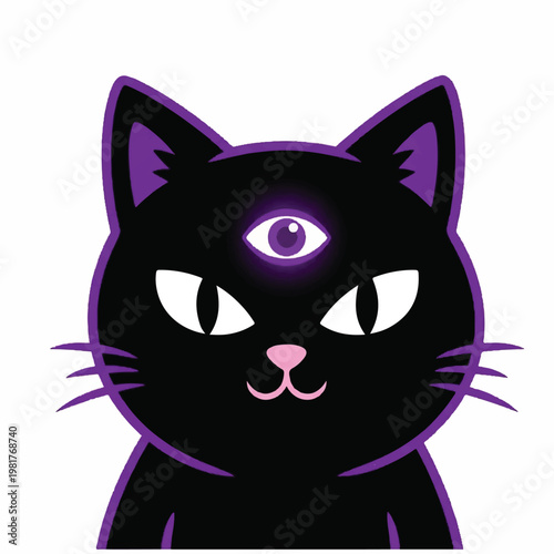 An illustrated black cat with a glowing purple eye stares directly at the viewer.